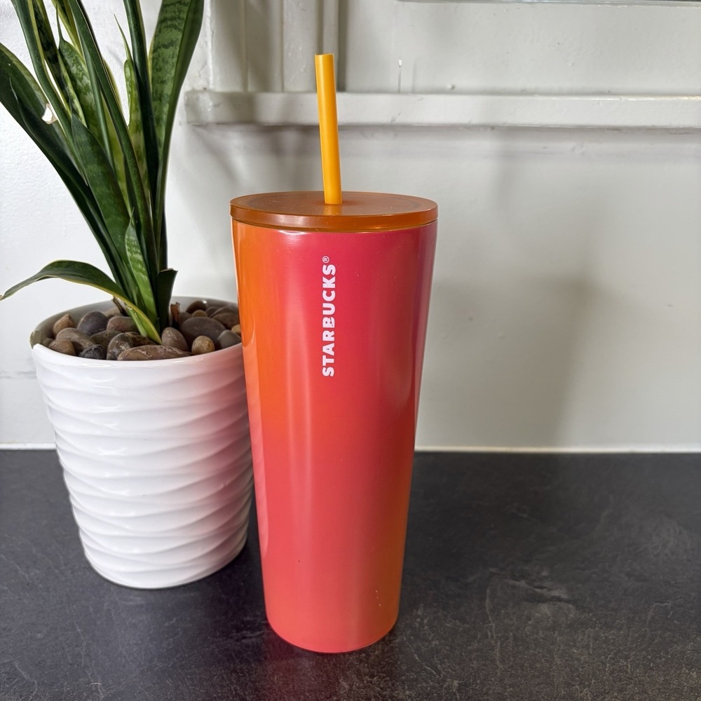 NEW Starbucks Pink & Orange Metal Tumbler 24 oz Venti Includes Straw